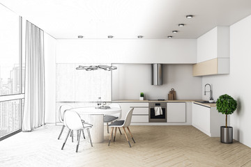 Drawing loft kitchen interior with furniture