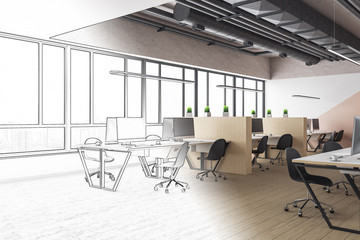 Drawing modern coworking office interior