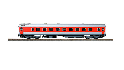 Red passenger train wagon on rails, isolated on a white background  with clipping path