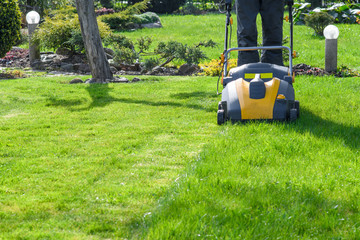 Man cutting grass in his garden yard with lawn mower.