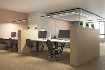 Fototapeta na wymiar Modern coworking office interior with computers