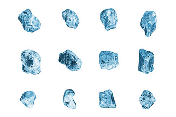 Naklejka premium Blue gem stones white background isolated closeup, crushed ice cubes set, rough diamonds collection, raw brilliants texture, natural rocks nuggets, group of crystals, mineral samples, gemstone, jewel