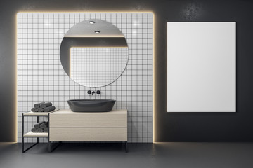 Modern bathroom with mirror and blank white banner on wall.