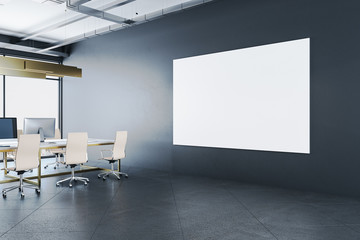 Modern office interior with blank banner