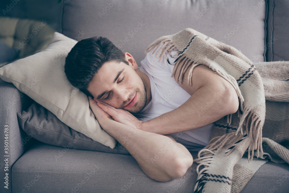 Sticker Close-up portrait of his he nice attractive peaceful brunette guy lying on divan sleeping resting healthy regime daily time in living-room indoors