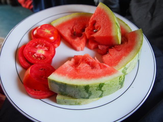 Watermelon and tomatoes served as lunch, TAZARA, Tanzania Zambia Railway, Tanzania