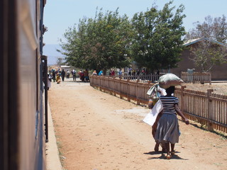 Watching the walkers from the train window, TAZARA, Tanzania Zambia Railway, Tanzania