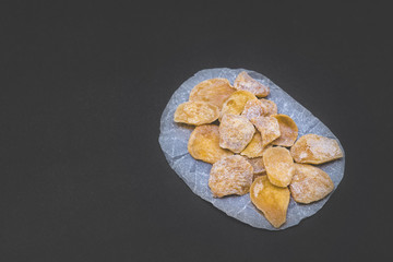 Candied ginger sliced. Vegetarian sweets. Detox dessert.