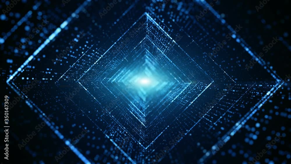 Aufkleber Digital tunnel of cyberspace with particles and lighting, Technology network connections abstract background concept.