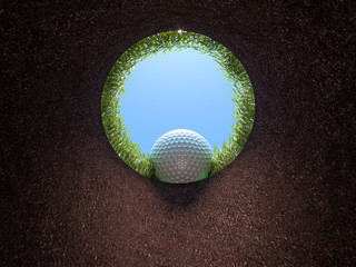 golf hole, view from inside, ball falling.