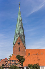 Obraz premium Church tower and half timbered house in Eutin, Germany