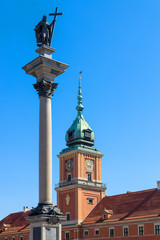 Tower of historic Royal Castle - Zamek Krolewski w Warszawie - with Sigismund III Waza Column at...