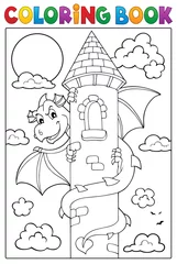 Fototapete Für Kinder Malbuch Drache auf Turmbild 1