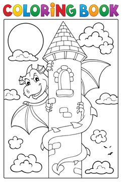Coloring book dragon on tower image 1