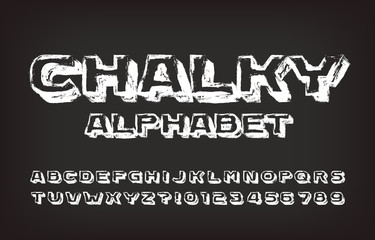 Chalky alphabet font. Hand drawn wide letters, numbers and symbols. Stock vector typescript for your design.