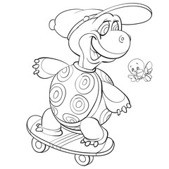 sketch of a turtle character riding a skateboard and a bird character flying next to it, coloring, isolated object on a white background, vector illustration,