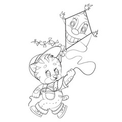 sketch of a kitten character playing with a kite, coloring, isolated object on a white background, vector illustration,