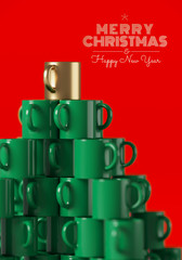 Merry Christmas and Happy New Year web banner. Christmas tree made of gold and green mug on red background. 3d rendering illustration.