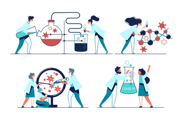Covid-19 research laboratory set. Biochemical science staff making coronavirus, test.