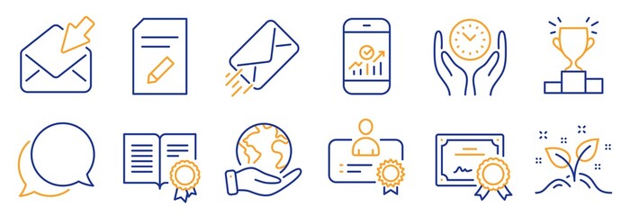 Set of Education icons, such as Safe time, E-mail. Certificate, save planet. Chat message, Certificate, Open mail. Edit document, Winner podium, Startup concept. Vector