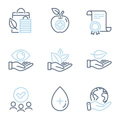 Leaf, Bio shopping and Organic product line icons set. Diploma certificate, save planet, group of people. Oil serum, Health eye and Medical food signs. Plant care, Leaf, Cosmetic care. Vector