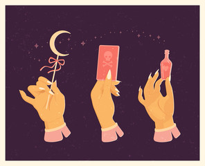 Halloween lettering poster in vintage style. Set of witches hands with a magic wand of the moon, tarot card, bottle of potion. Flat vector illustration.