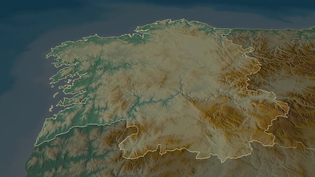 Galicia, autonomous community with its capital, zoomed and extruded on the relief map of Spain in the conformal Stereographic projection. Animation 3D