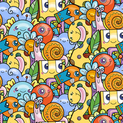 Kawaii seamless pattern doodle monsters,cute and fun variety of colors animals