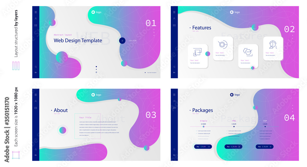 Wall mural digital abstract bionic gradient web design four screen template. stylish custom and individual set 