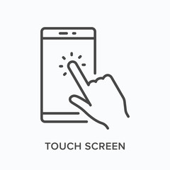 Smartphone line icon. Vector outline illustration of finger touching mobile phone screen. Technology, gadget touchscreen thin linear pictogram