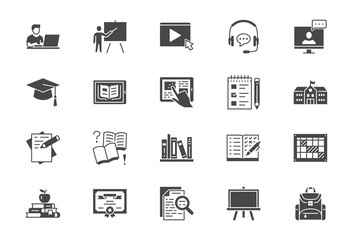 Online education flat icons. Vector illustration included icon as internet, video, audio personal study silhouette pictogram for school, colledge, university trainig