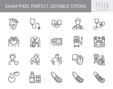 Cardiology line icons. Vector illustration included icon as heart attack, ecg, doctor, pacemaker, defibrillator outline pictogram for cardiovascular clinic. 64x64 Pixel Perfect Editable Stroke