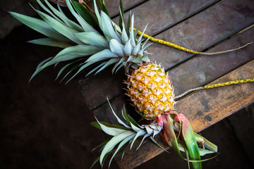 Obraz premium ripe pineapple on wooden background. Flora of Bali island, Indonesia