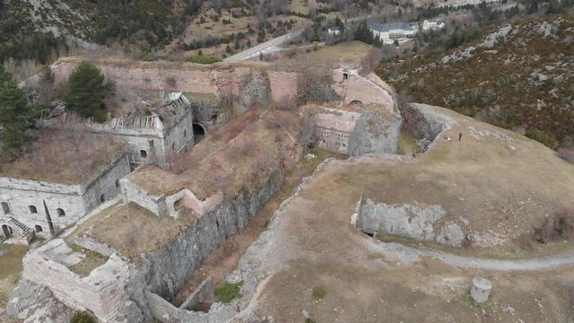 Aerial views of the fort of Coll de Ladrones, Canfranc, Huesca Spain. 4K video