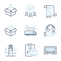 Parcel checklist, Open box and Truck delivery line icons set. Diploma certificate, save planet, group of people. Lighthouse, Parking garage and Send box signs. Vector