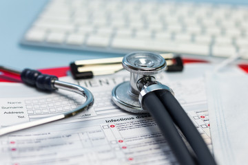 Pandemic COVID-19, Coronavirus. Nobody. Medical supplies on blue background