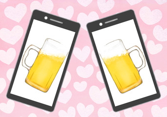 オンライン飲み会-カジュアル-ジョッキ ハートの背景 © machi