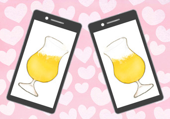 オンライン飲み会-カジュアル-丸グラス ハートの背景 © machi