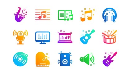 Guitar, Musical note and Headphones. Music icons. Jazz saxophone classic icon set. Gradient patterns. Quality signs set. Vector