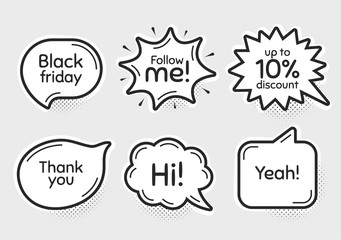 Comic chat bubbles. Black friday, 10% discount and follow me. Thank you, hi and yeah phrases. Sale shopping text. Chat messages with phrases. Drawing texting thought speech bubbles. Vector
