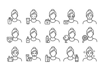 Fototapeta premium Skin care line black icons set. Girl and cosmetic products vector elements. Skin care. Outline pictograms for web page, mobile app, promo.