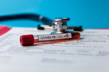 Pandemic COVID-19, Coronavirus. Nobody. Medical supplies on blue background