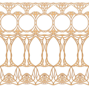 Seamless pattern, border. Wood carving imitation in art nouveau style, vintage, old, retro style. Colored vector illustration Isolated on white background..