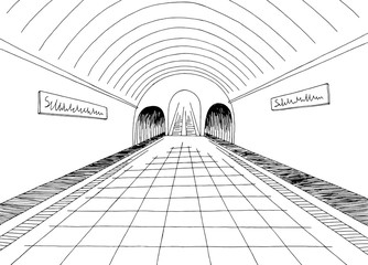 Subway station platform interior graphic black white sketch illustration vector
