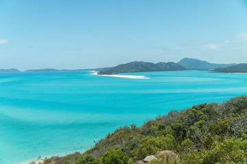 Fototapeta premium Whitehaven beach aerial view, Whitsundays. Turquoise ocean, white sand. Dramatic DRONE view from above. Travel, holiday, vacation, paradise. Shot in Hill Inlet, Queenstown, Australia.