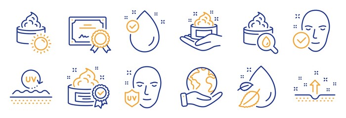 Set of Beauty icons, such as Skin care, Sun cream. Certificate, save planet. Health skin, Uv protection, Water drop. Vitamin e, Uv protection, Moisturizing cream line icons. Vector