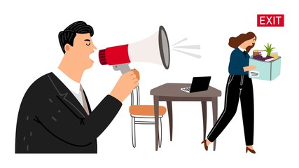 Fototapeta premium Boss fires employee. Dismissal, sad girl with box leaves office. Angry boss and worker vector illustration