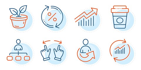 Takeaway coffee, Leaves and Management signs. Share, Update data and Move gesture line icons set. Loan percent, Demand curve symbols. Referral person, Sales statistics. Business set. Vector