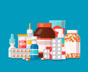 Pharmaceutical illustration of medical bottles and pills on blue background. Medical cure and flat medicament and vitamin with shadow