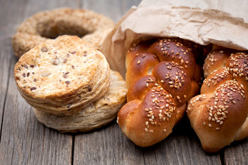 homemade bakery products on a wooden table